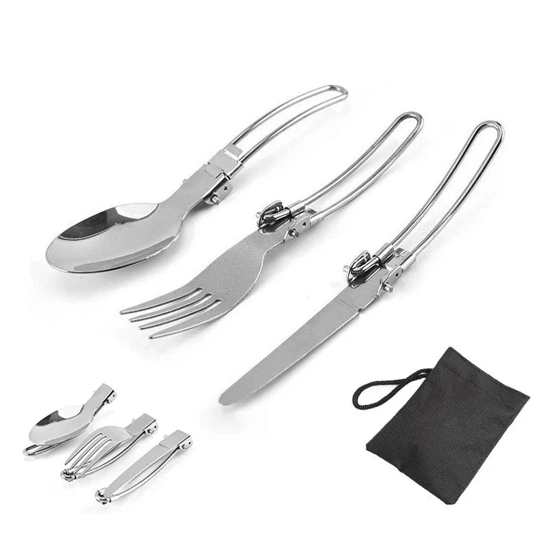 Foldable stainless steel camping fork, knife, and spoon set arranged for display (view 7)