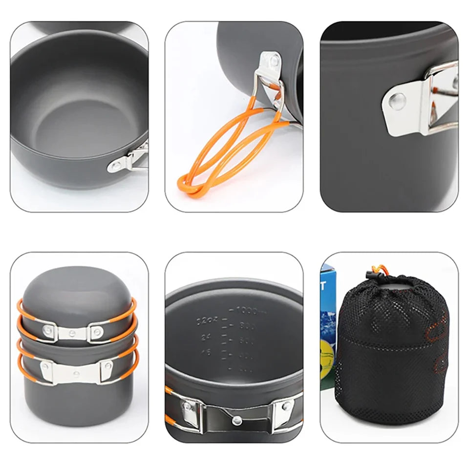 Hard aluminum alloy camping cookware set in orange and green, including pots and a frying pan, suita (view 4)
