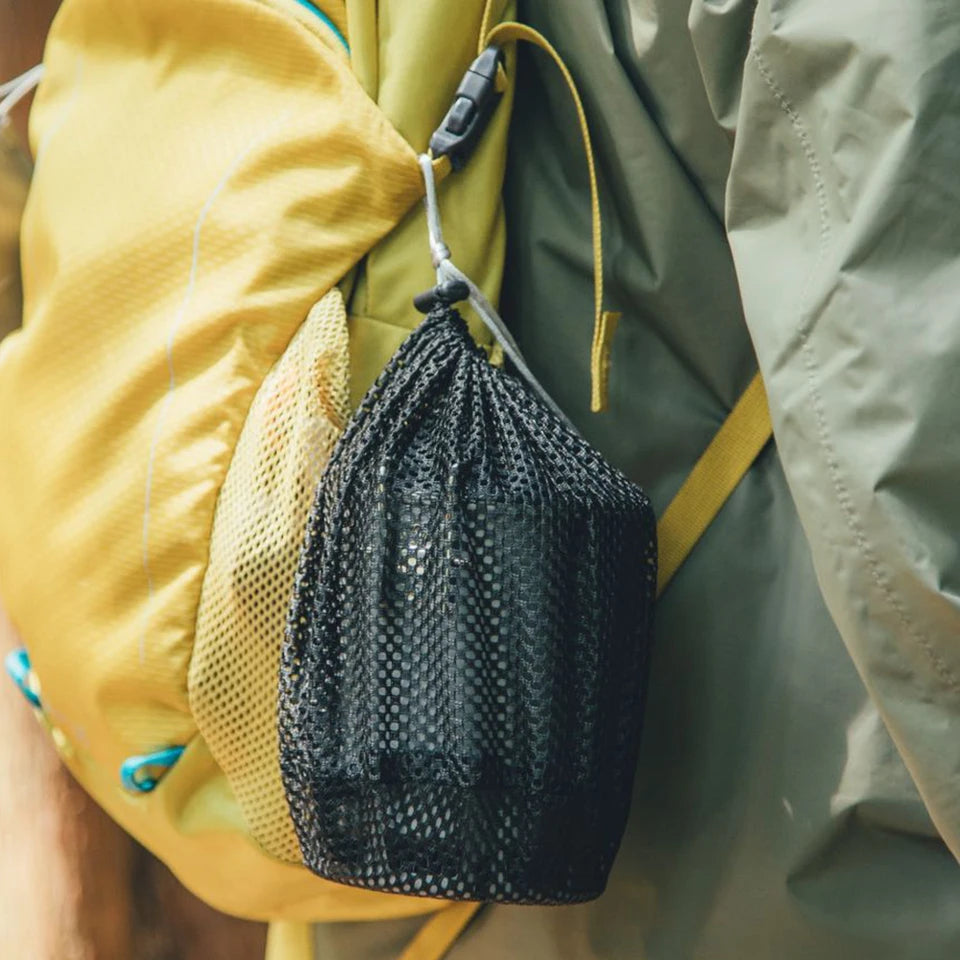 An ultralight aluminum alloy camping pot with a black neoprene sleeve and a plastic handle, shown on (view 5)