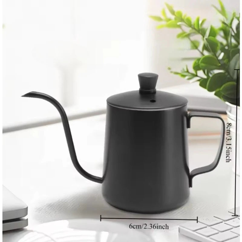 Black 350ML stainless steel gooseneck drip coffee pot with a lid and hanging handle (view 6)