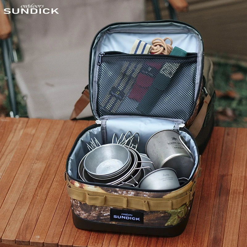 Large polyester picnic ice bag in khaki color, shown open with space for food and drinks (view 3)