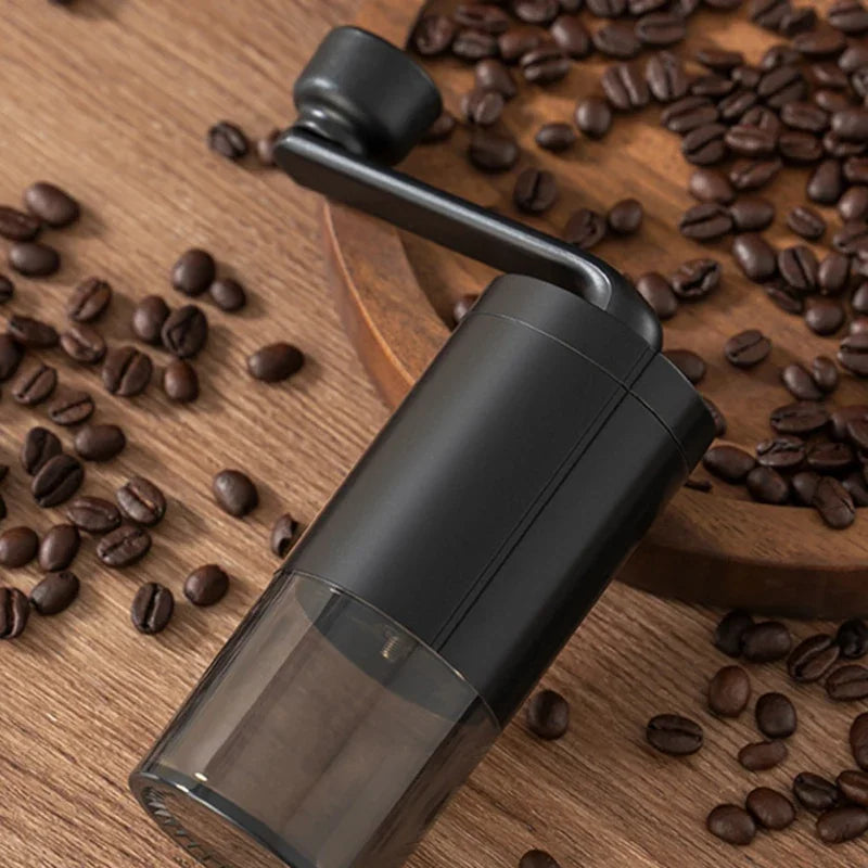 Vintage-style black manual coffee grinder with a hand crank (view 2)
