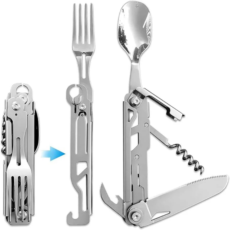 A single piece of silver stainless steel foldable cutlery, showing its compact folded form. (view 3)