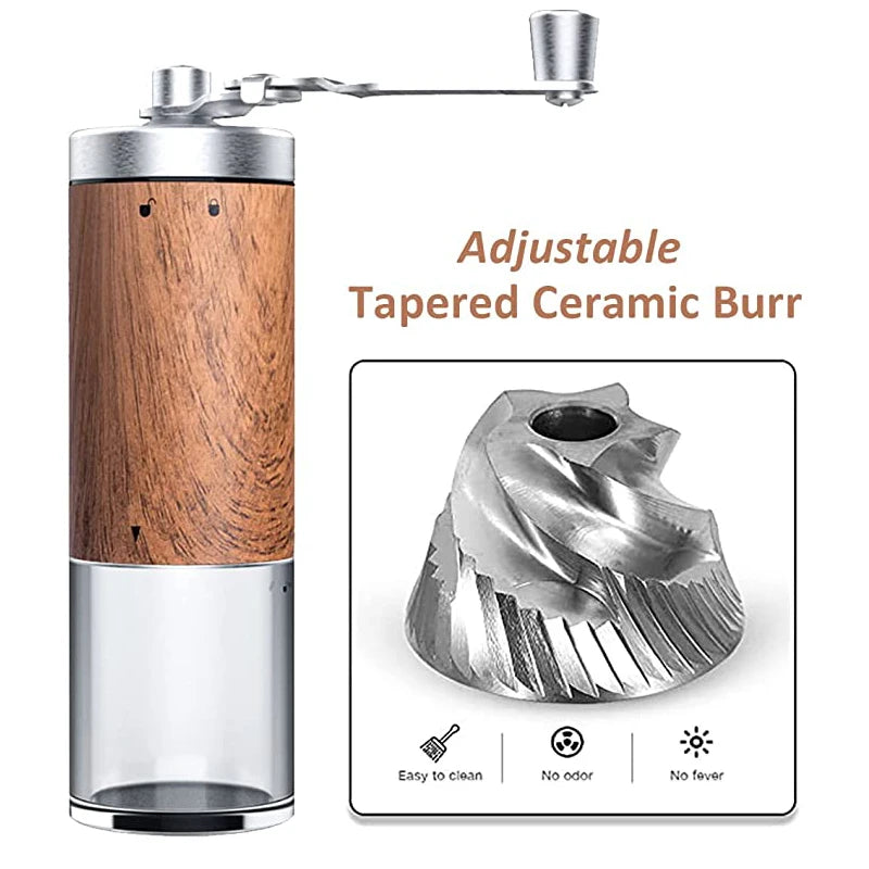 Portable stainless steel hand-crank coffee grinder with a wood grain finish (view 3)