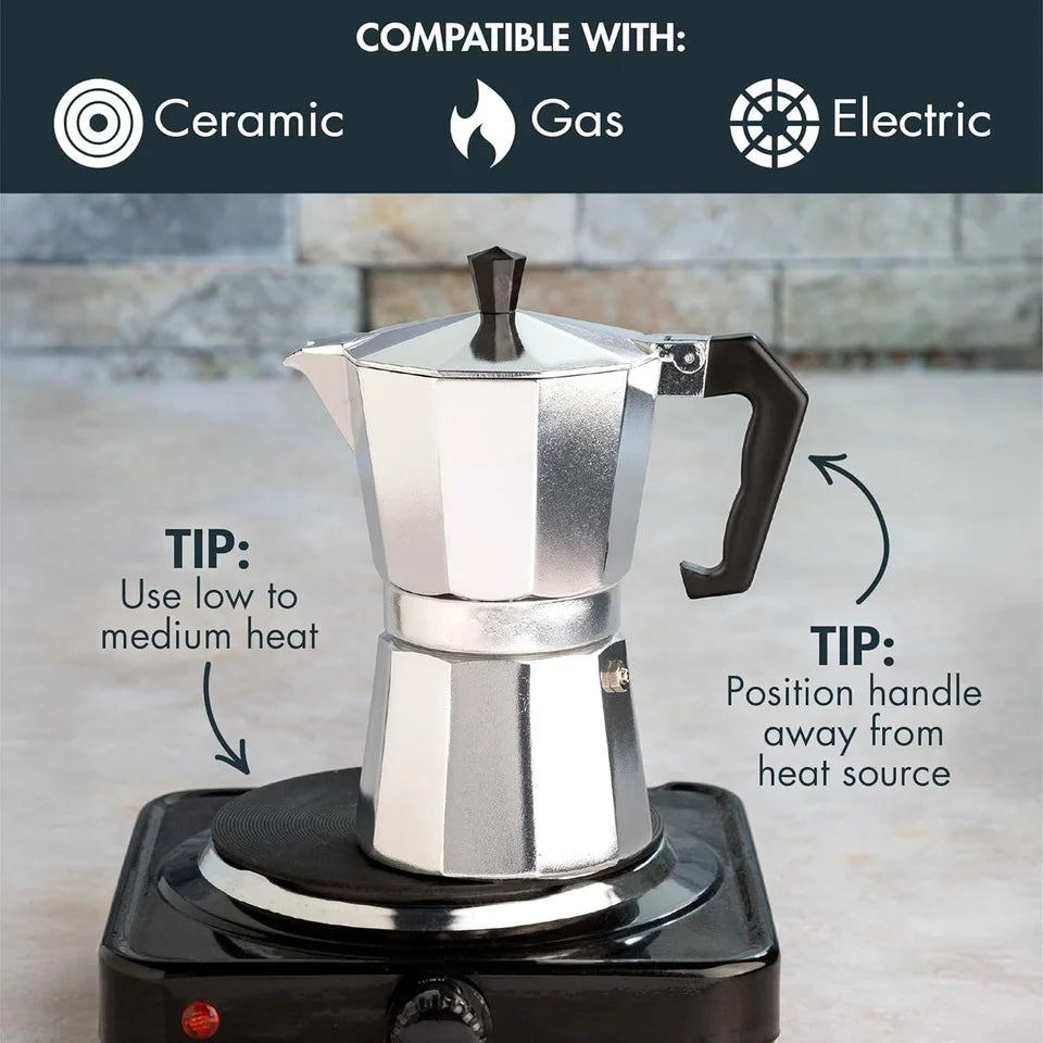 Several sizes of aluminum alloy stovetop coffee makers with black handles, suitable for camping and (view 5)