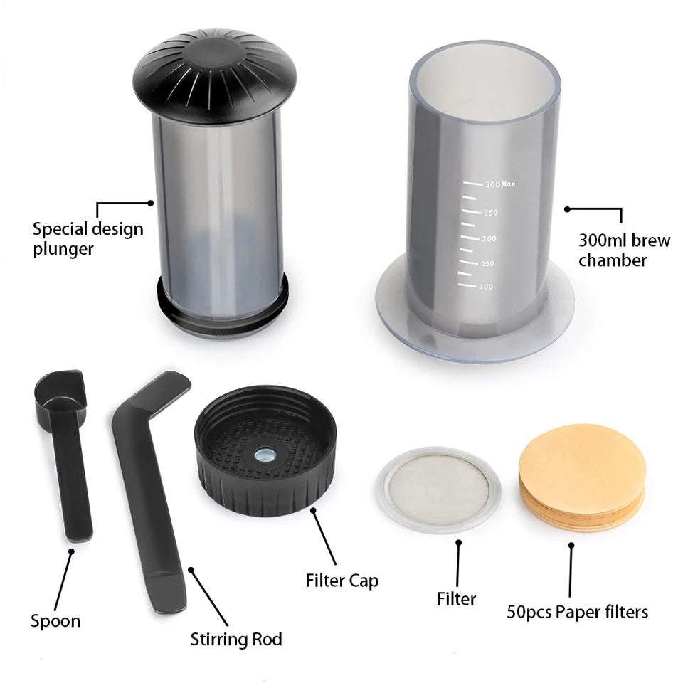 Portable press-style coffee maker, 300ml capacity, made from PP material, shown with optional hand g (view 3)