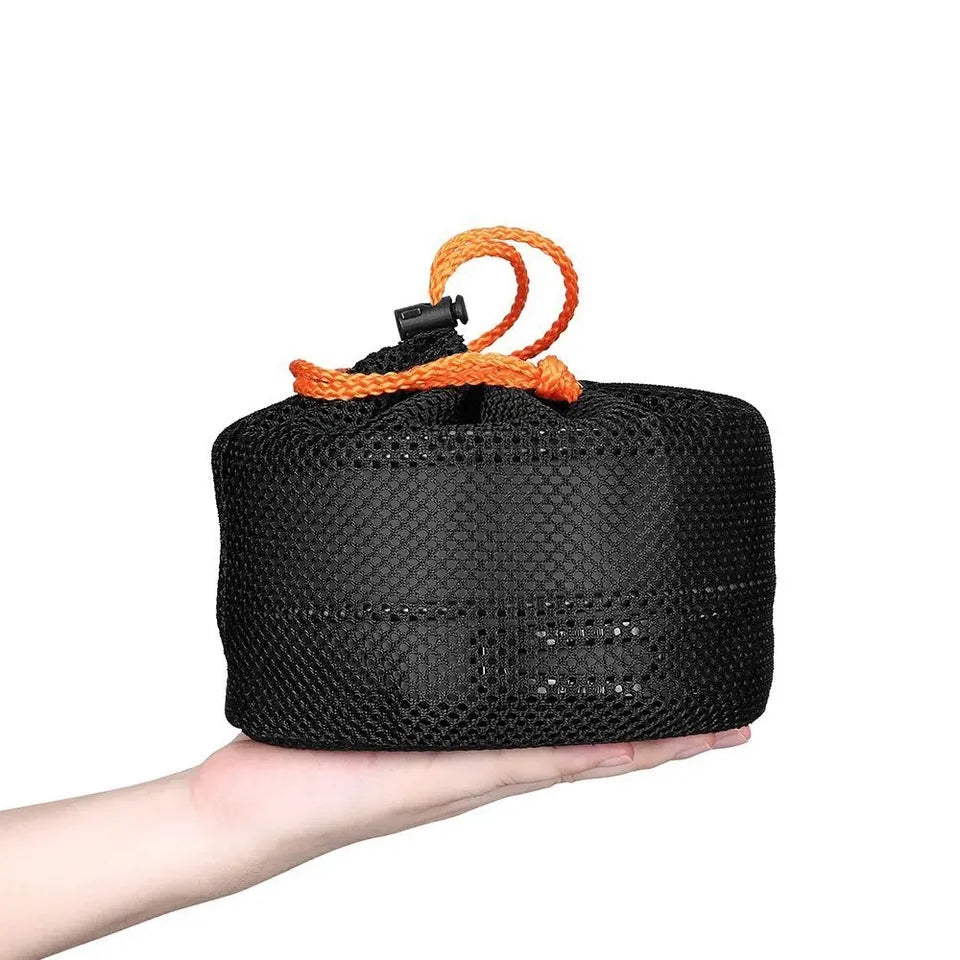 Aluminum alloy camping cookware set with pots and pans for 1-7 people, shown with a carrying bag. (view 2)