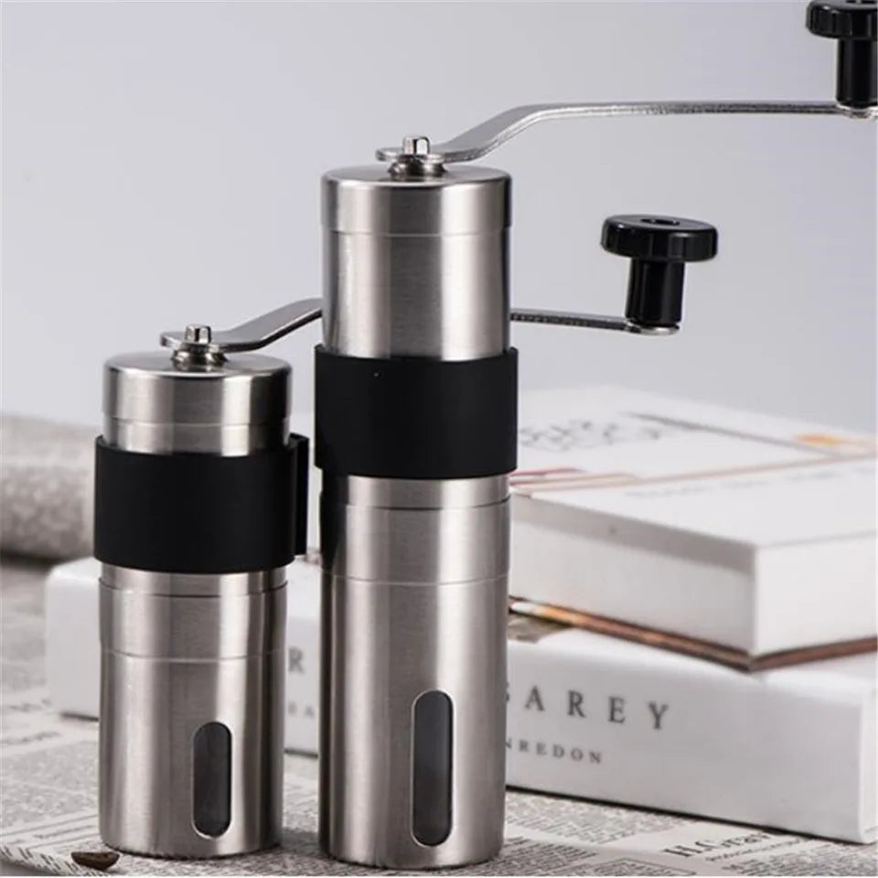 Portable stainless steel manual coffee grinder with handle and clear base