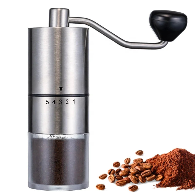 Portable hand-crank coffee grinder made of stainless steel with a black handle