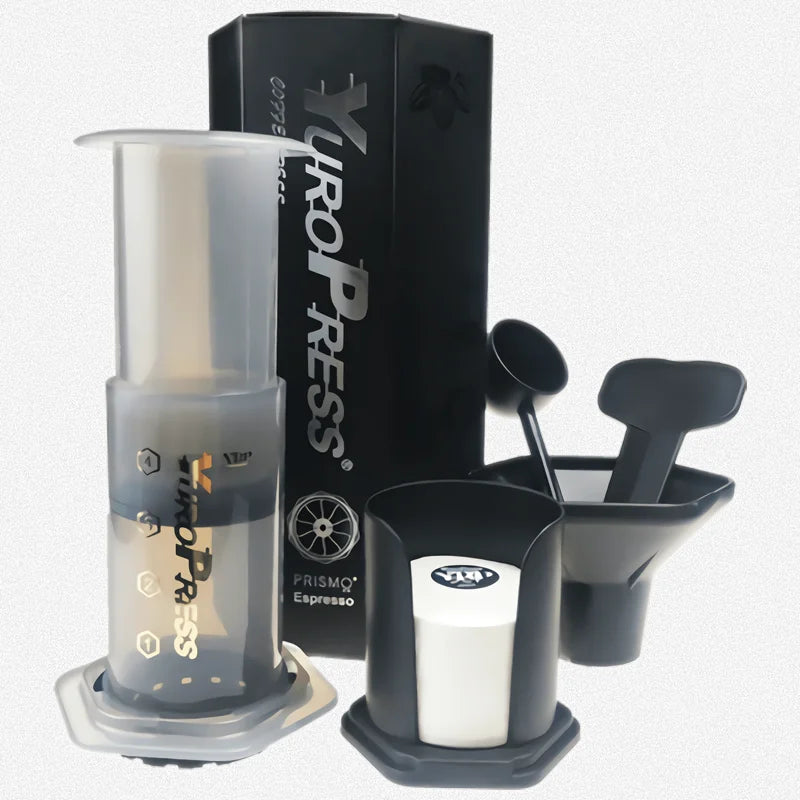 Black manual plastic press-style coffee maker with paper filters (view 2)