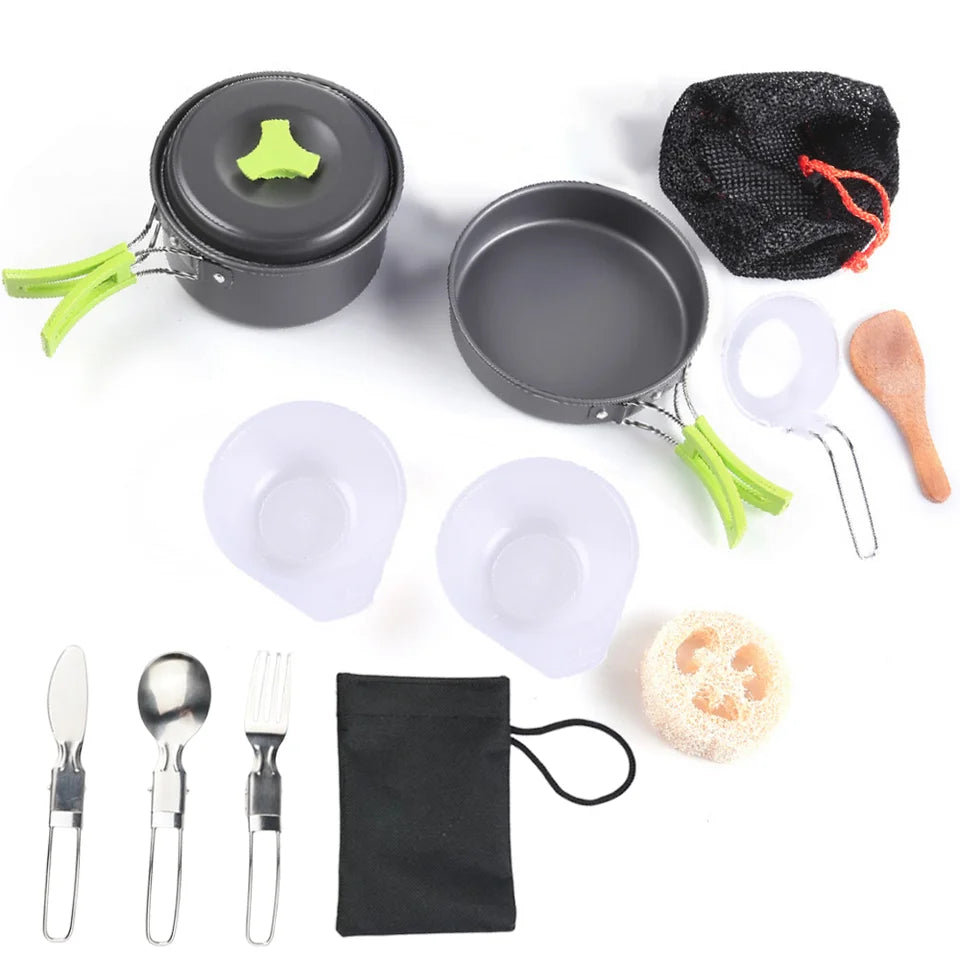 A 1.8L aluminum alloy camp cookware set in black, showing the pot and other components nested togeth (view 6)