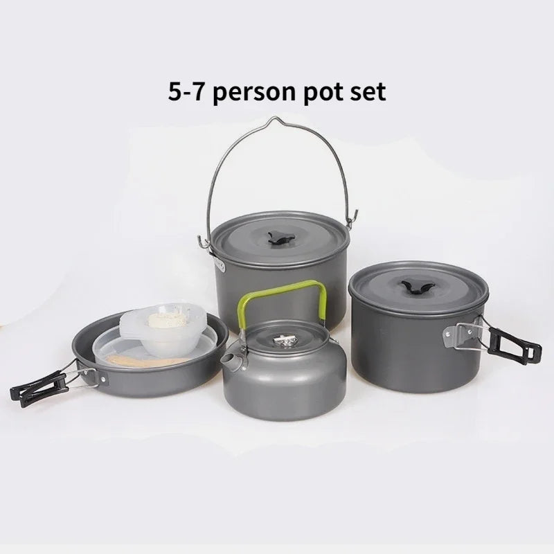 Aluminum alloy camping cookware set with pots and pans for 1-7 people, shown with a carrying bag. (view 5)