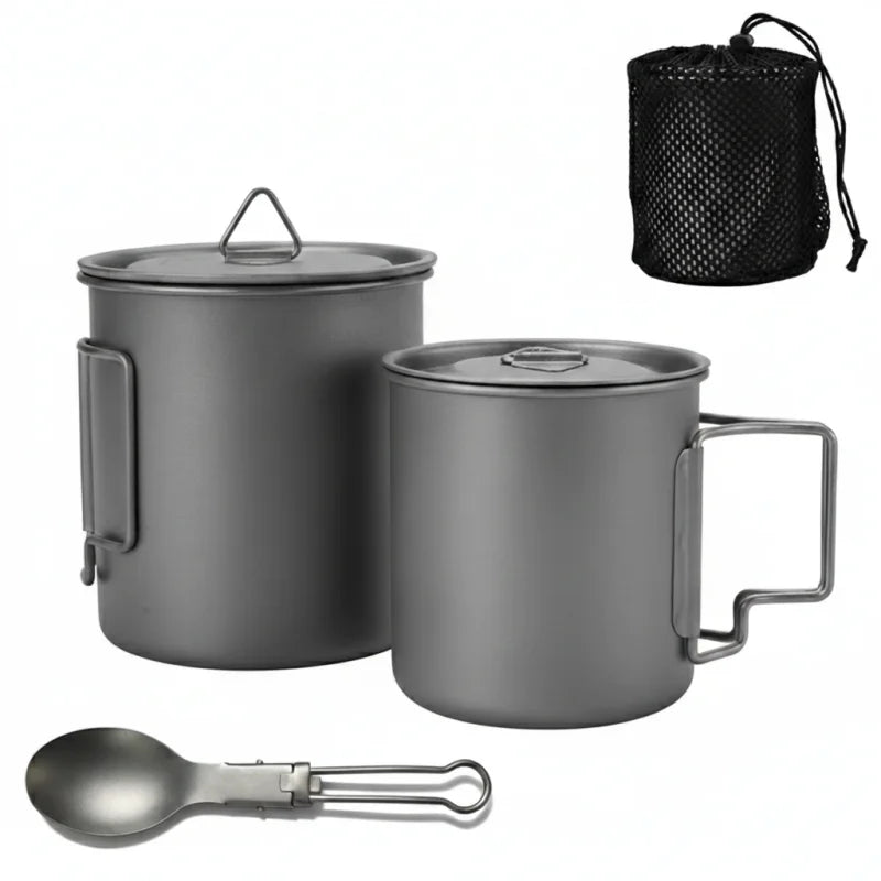 Titanium camp cookware set including a 750ml pot and two cups, displayed with folding handles and a (view 2)