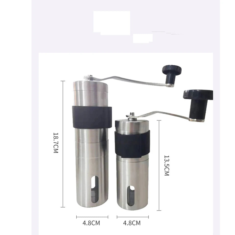 Portable stainless steel manual coffee grinder with handle and clear base (view 6)