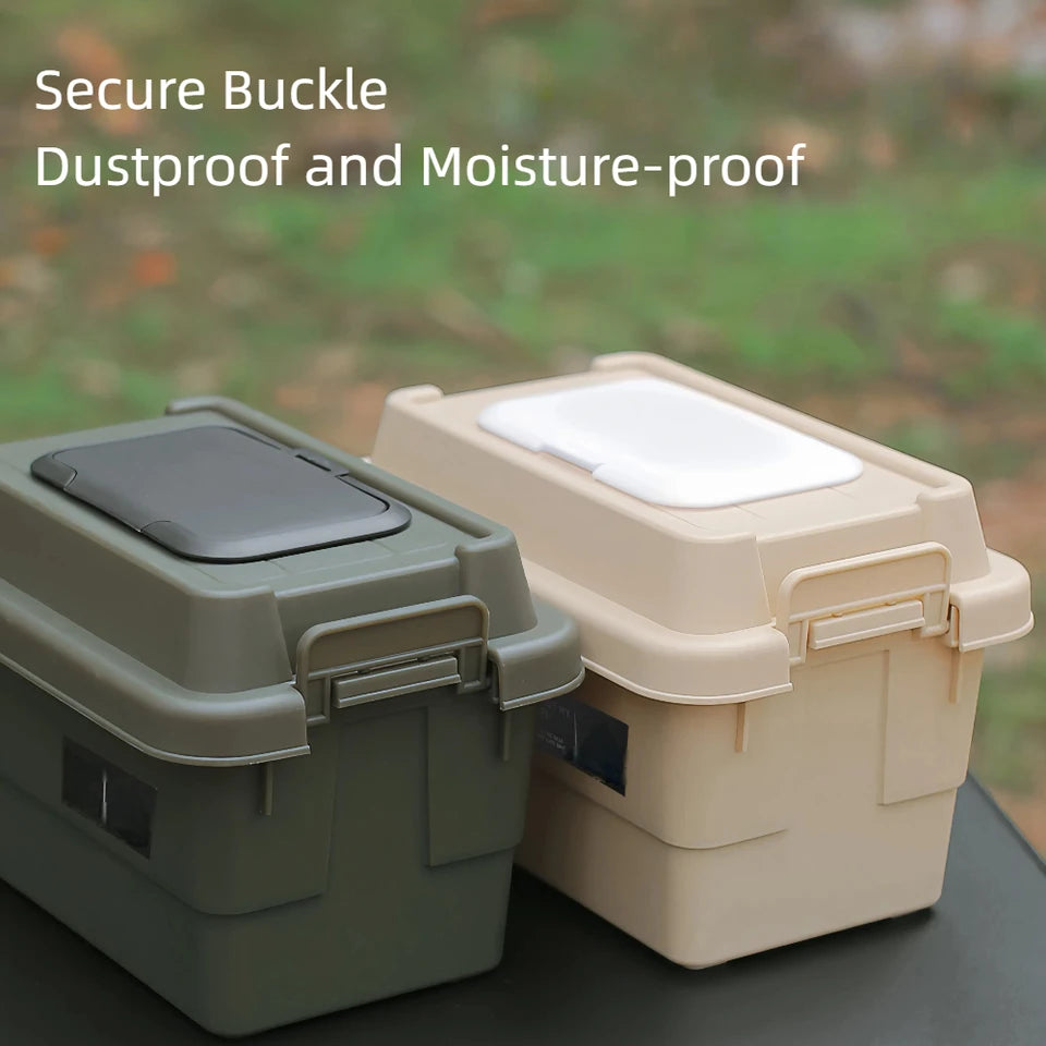 Plastic camp organizer in green, holding a roll of tissue and small seasoning bottles (view 3)