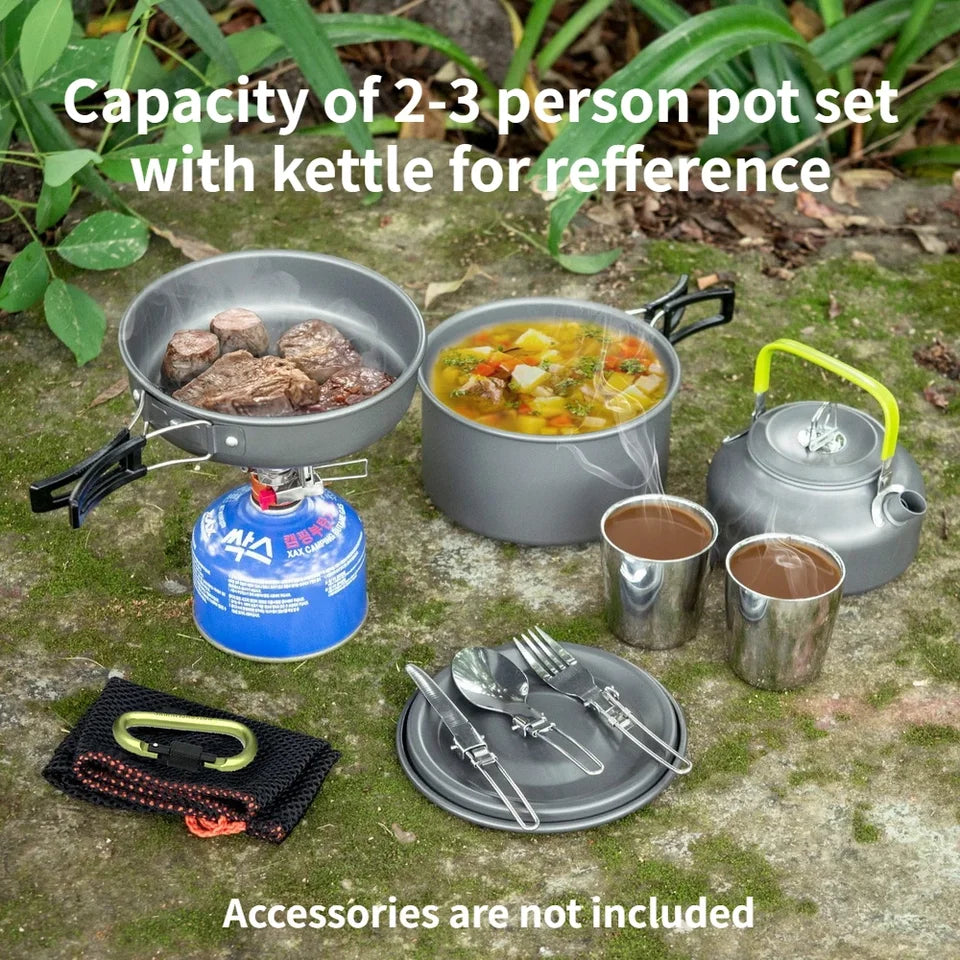 Aluminum alloy camping cookware set with pots and pans for 1-7 people, shown with a carrying bag. (view 3)