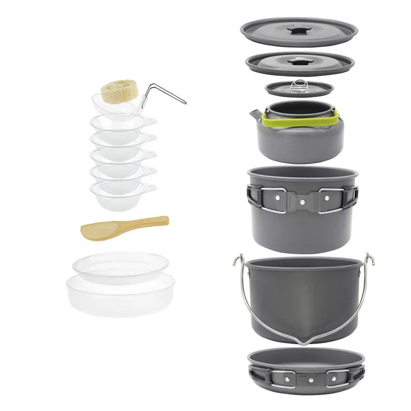 Aluminum alloy camping cookware set with pots and pans for 1-7 people, shown with a carrying bag. (view 6)