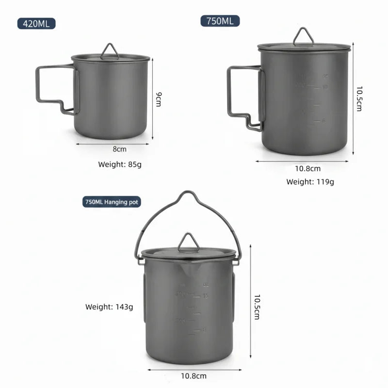 Titanium camp cookware set including a 750ml pot and two cups, displayed with folding handles and a (view 3)