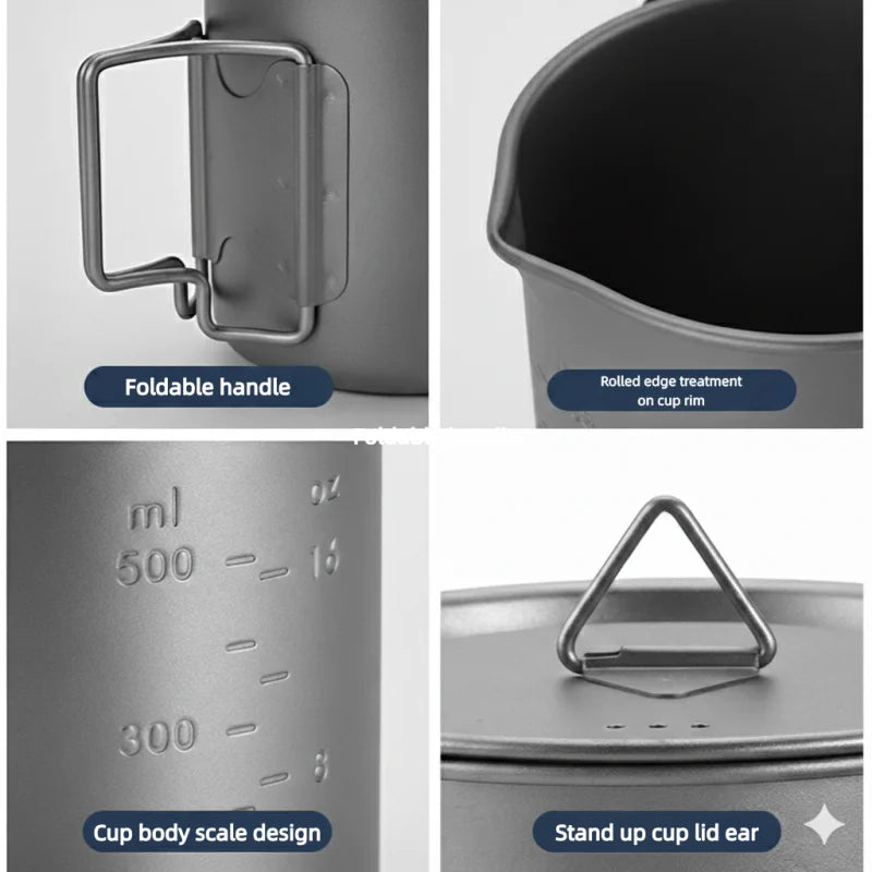 Titanium camp cookware set including a 750ml pot and two cups, displayed with folding handles and a (view 4)