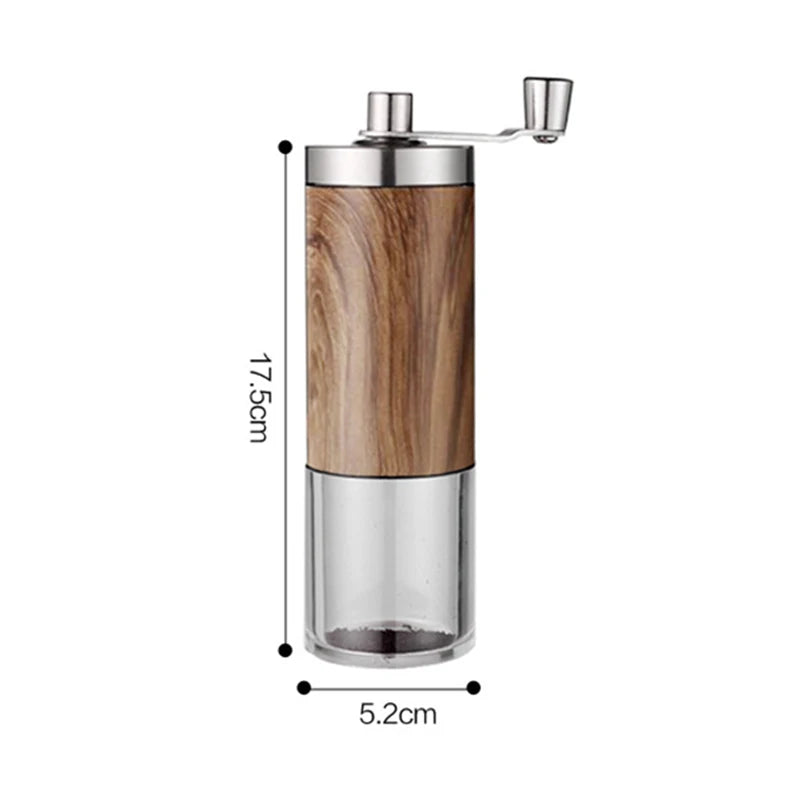 Portable stainless steel hand-crank coffee grinder with a wood grain finish (view 6)