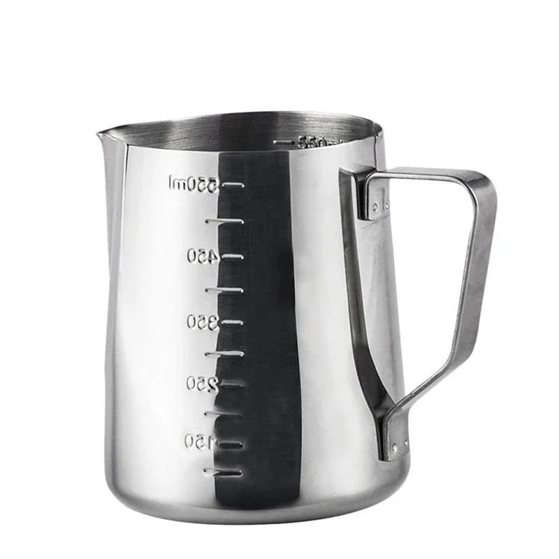 Stainless steel milk frothing pitcher with pointed spout and measurement scale (view 2)
