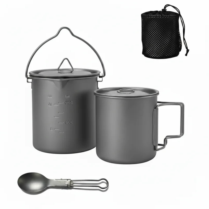 Titanium camp cookware set including a 750ml pot and two cups, displayed with folding handles and a mesh storage bag.