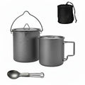 Titanium camp cookware set including a 750ml pot and two cups, displayed with folding handles and a mesh storage bag.