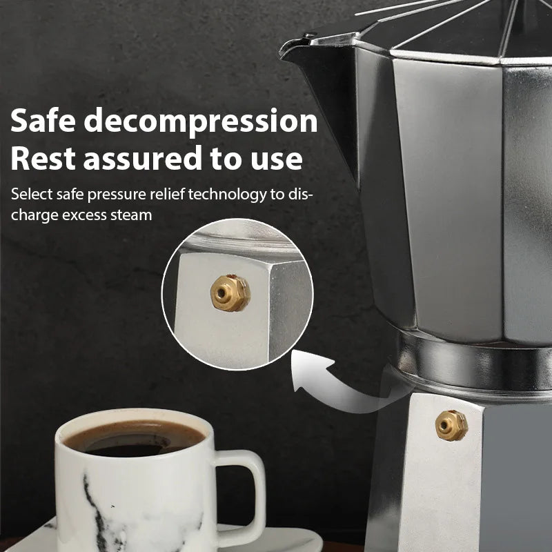 600ML aluminum octagonal moka pot on a white background, shown with its lid closed (view 5)